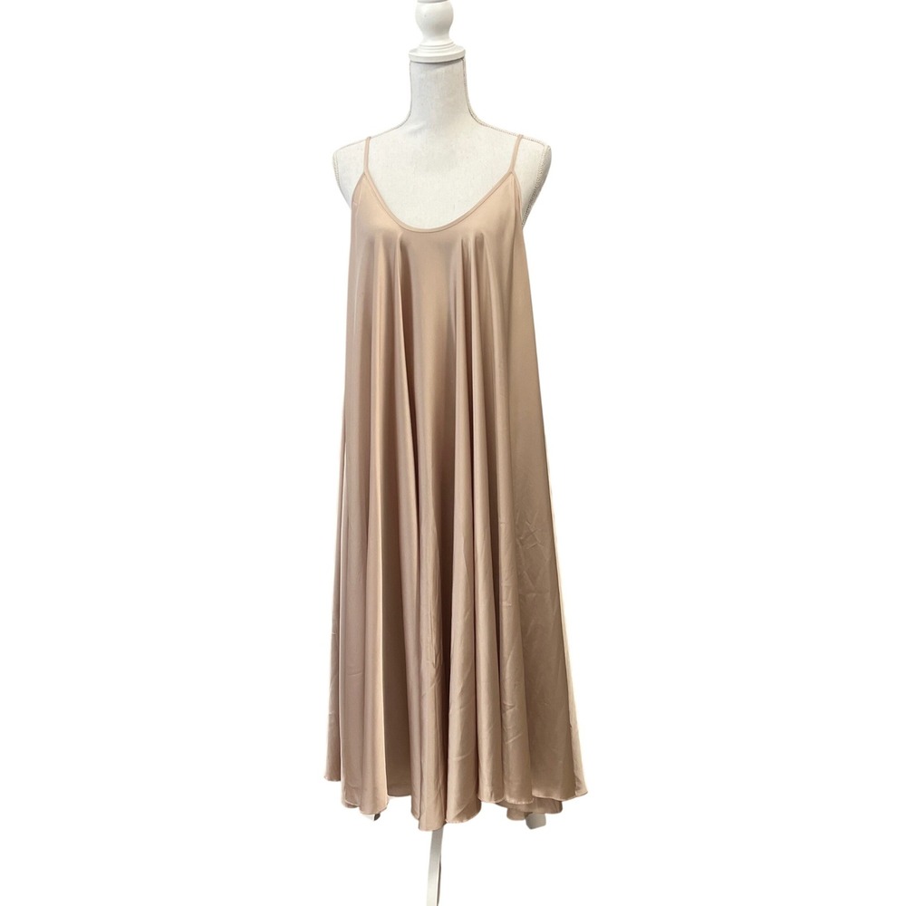 Silk & Salt Go with the Flow Maxi Slip Dress Women OS Beige Satin Trapeze Flowy